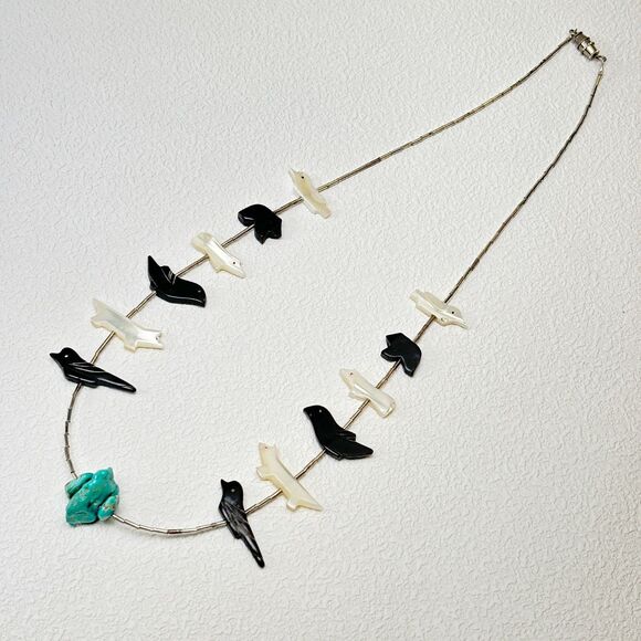 Vintage Liquid Sliver fetish necklace carved Animal shell turquoise 20.5in - Picture 1 of 6